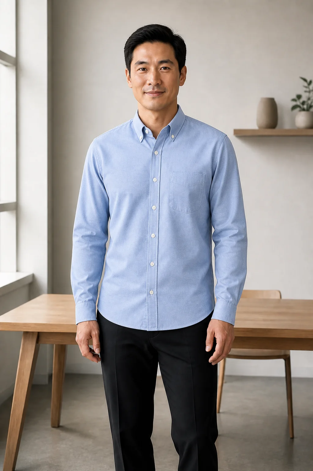 AI-generated illustration preview of the synthetic person wearing the light blue Oxford shirt