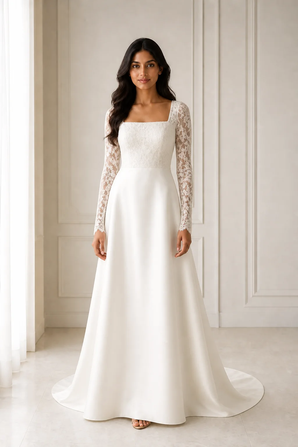 AI-generated illustration preview of the synthetic person wearing the ivory A-line wedding gown