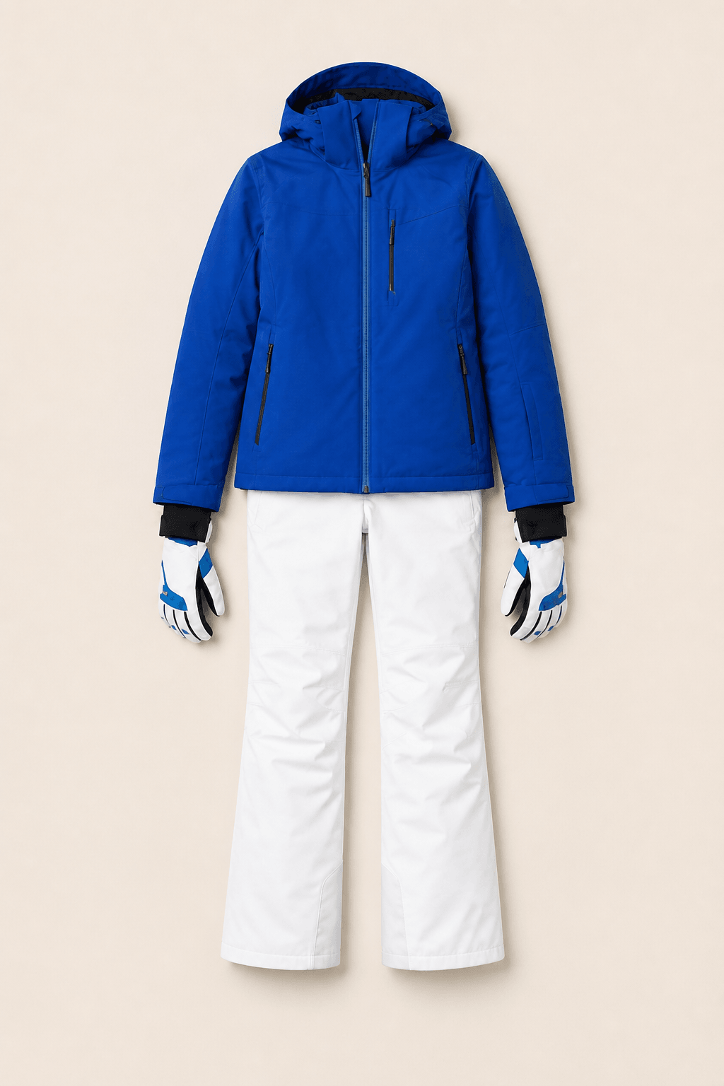 Blue ski jacket, white ski trousers, and gloves shown as a clothing reference