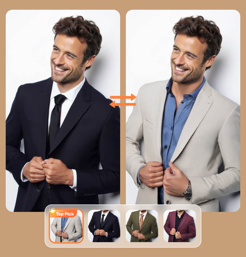 Current homepage formalwear example comparing shirt and suit styling directions on the same adult man