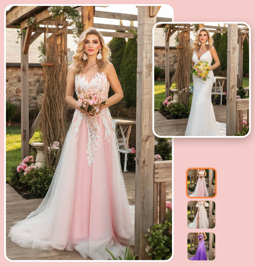 Current homepage wedding dress example comparing pink, white, and purple gown directions on one adult composition