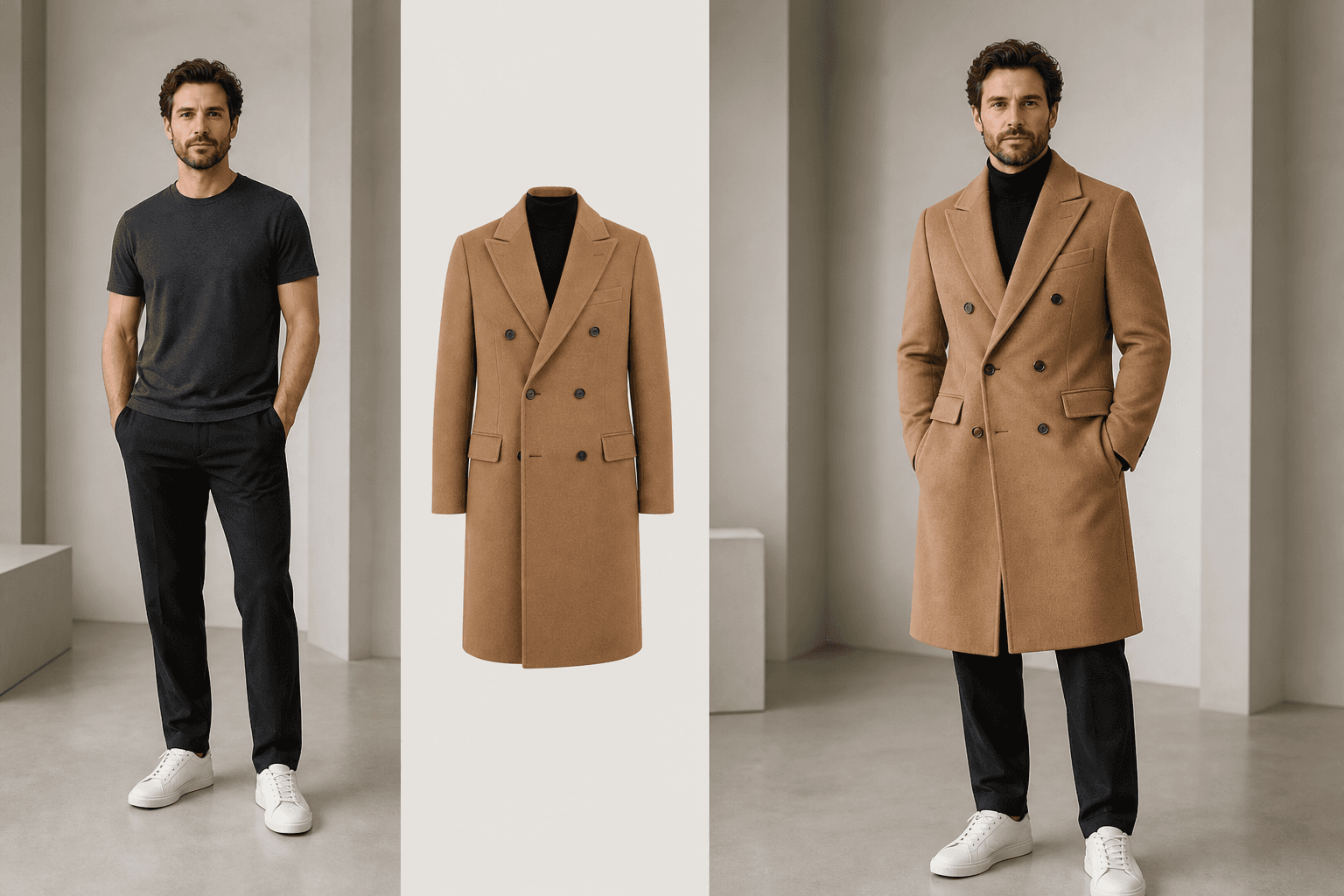 Professional outfit changer example with an adult person, camel tailored coat reference, and generated profile outfit result