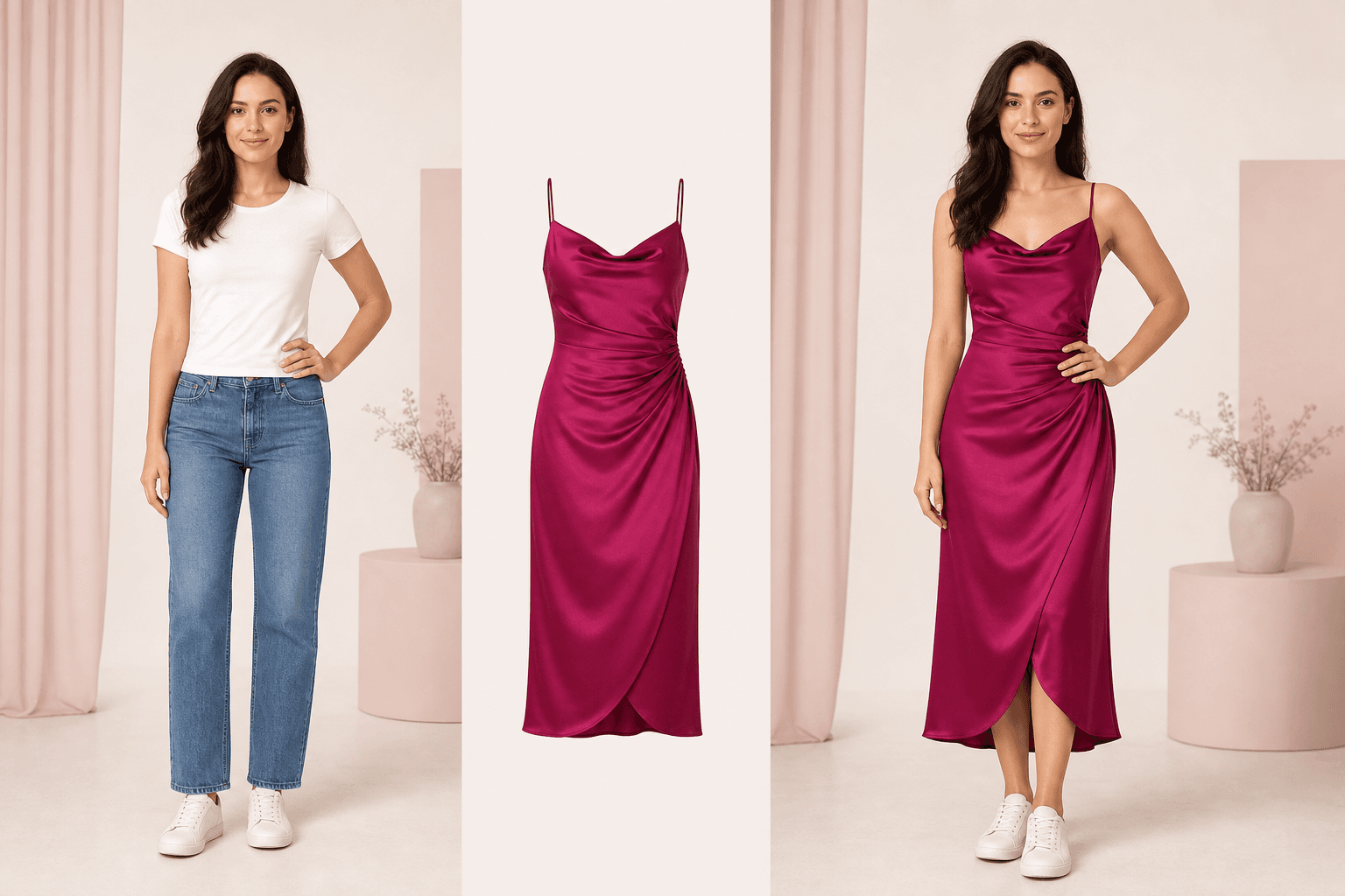 AI dress changer example with an adult person photo, magenta dress reference, and generated evening dress result