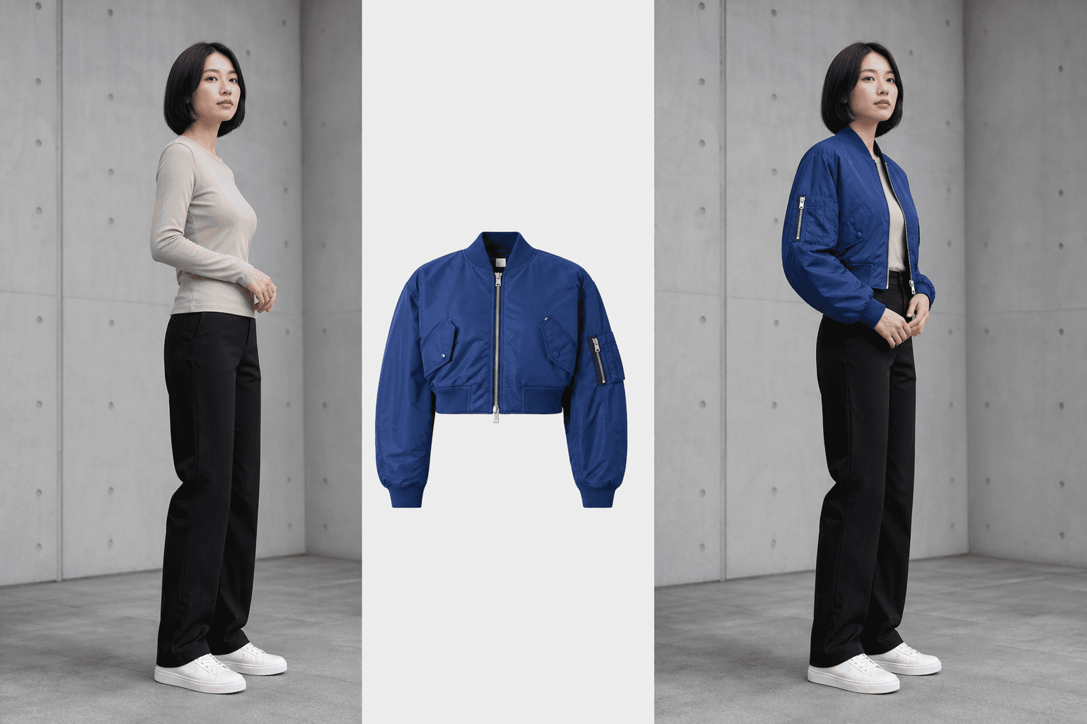 Review example with an adult person, blue streetwear jacket reference, and generated outfit result at a three-quarter angle