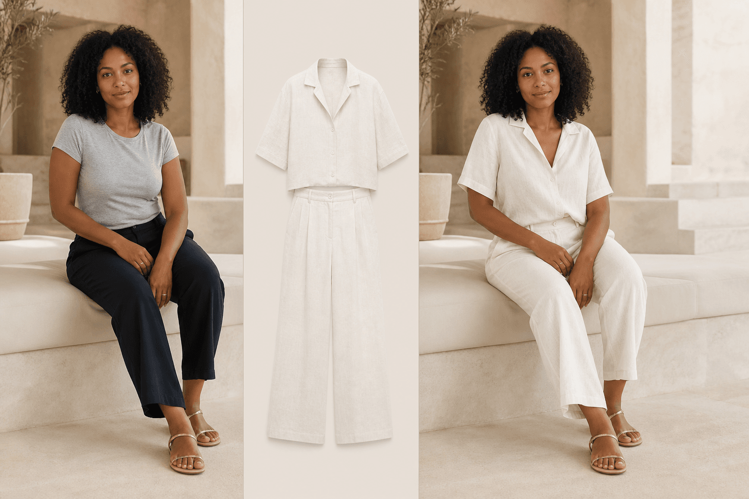 Virtual try-on example showing a seated adult, an ivory linen clothing reference, and the generated outfit preview