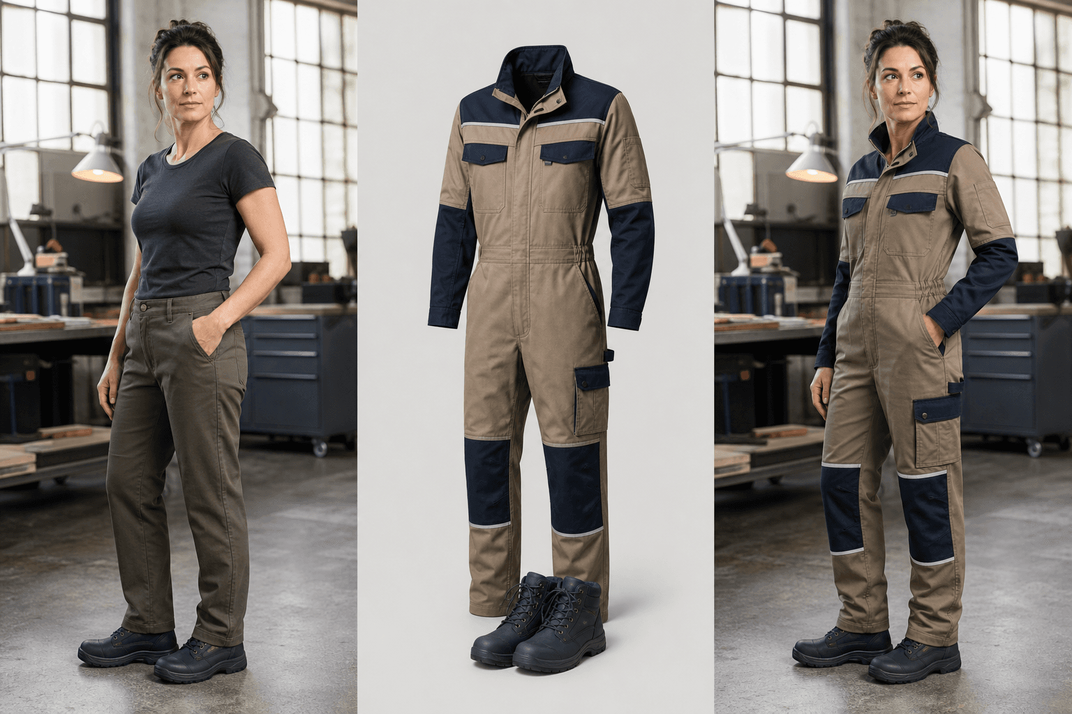 A person in a workshop, workwear reference, and AI result with the same person wearing the new utility outfit
