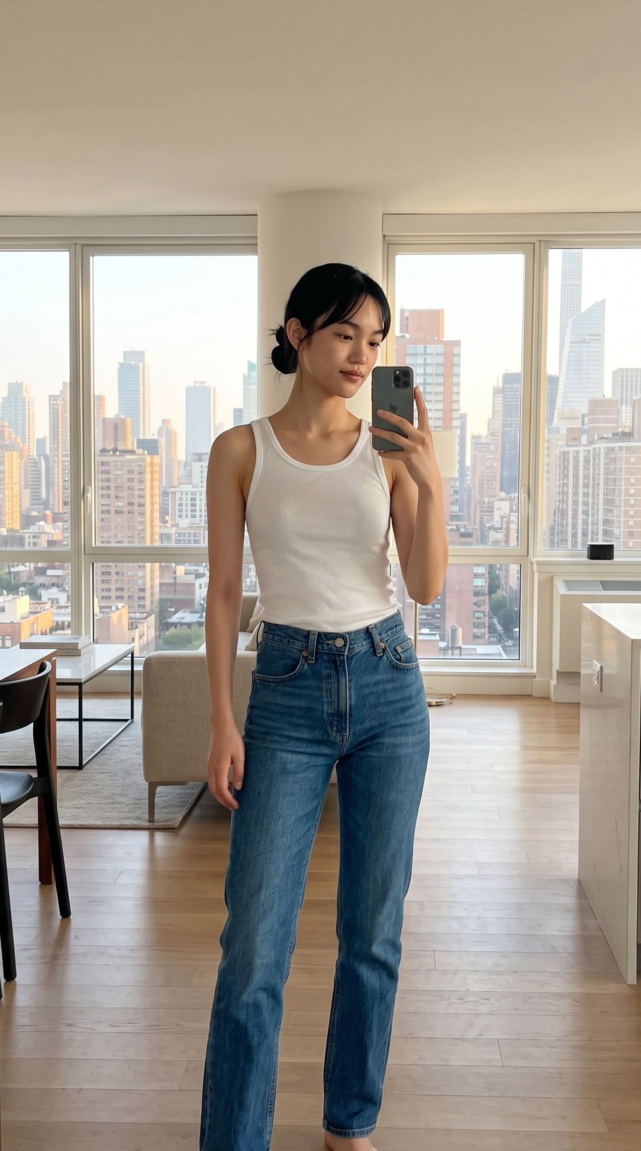 Woman wearing a white top and jeans before virtual try-on